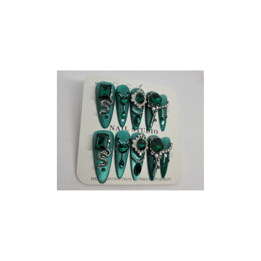 Emerald Green Cat Eye Press On Nails L Stiletto 3D Gem Snake Gothic